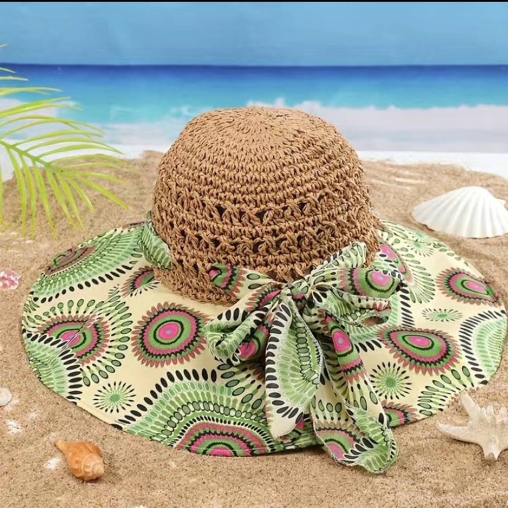 Hand Woven Tan with Wide Green Circular Design Patterned Sunhat